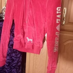 Vtg. Victoria Secret Pink Velour Hot Pink Bling Go Pink Hooded Jacket Size Small